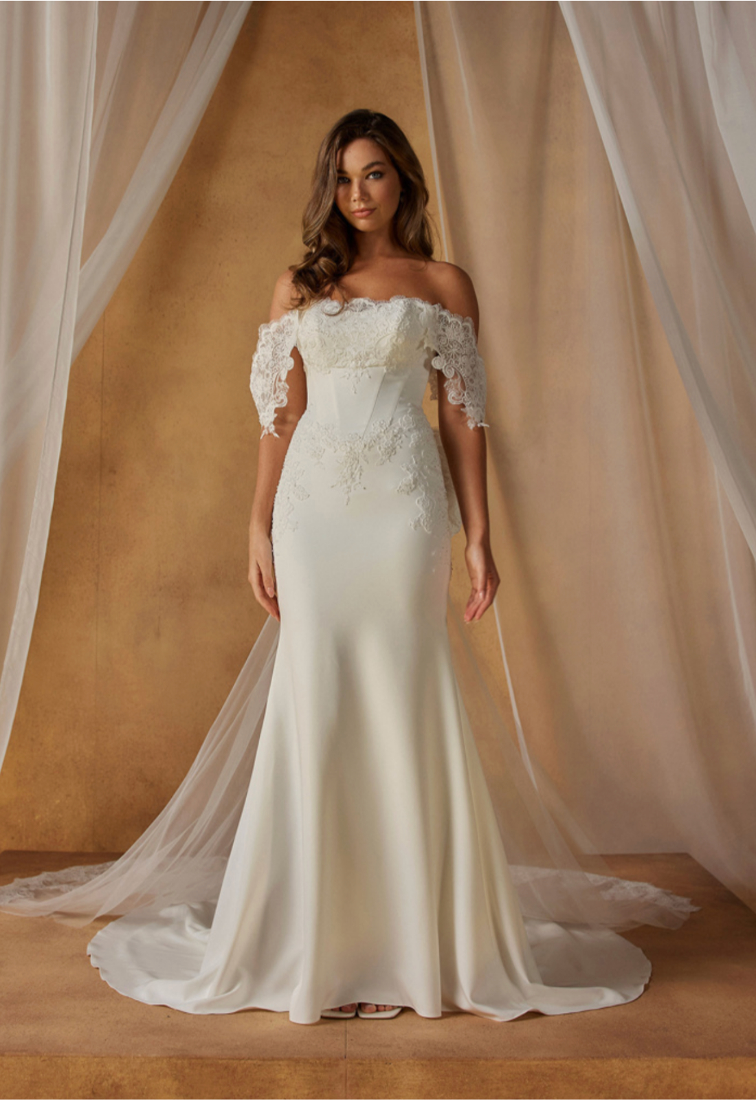 Natine by Madi Lane Modern lace and crepe fitted Wedding Dress at Love it at Stella's Bridal Shop in Westminster Maryland